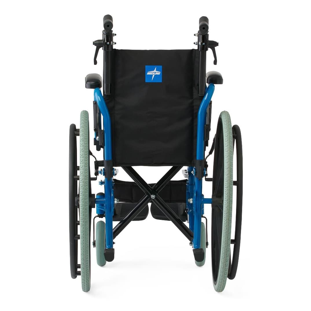 Medline Kidz Standard Pediatric Wheelchair 12"W x 12"D Seat with Desk-Length Arms and Swing-Away Footrests - Blue Frame - Image 1