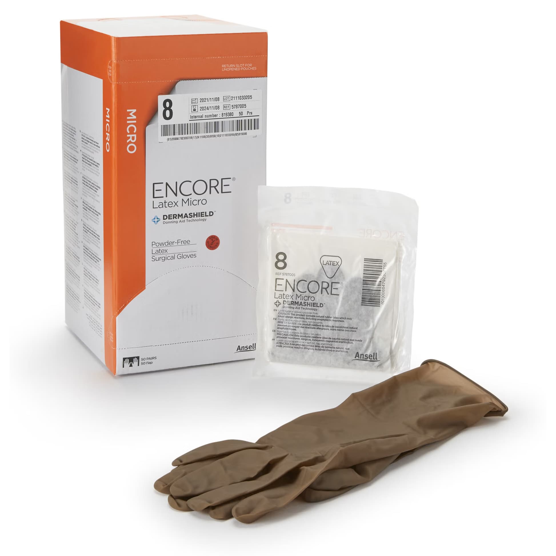 ENCORE Latex Micro Surgical Glove Brown Beaded Cuff Micro, Size 8 - Case of 200 - Image 1