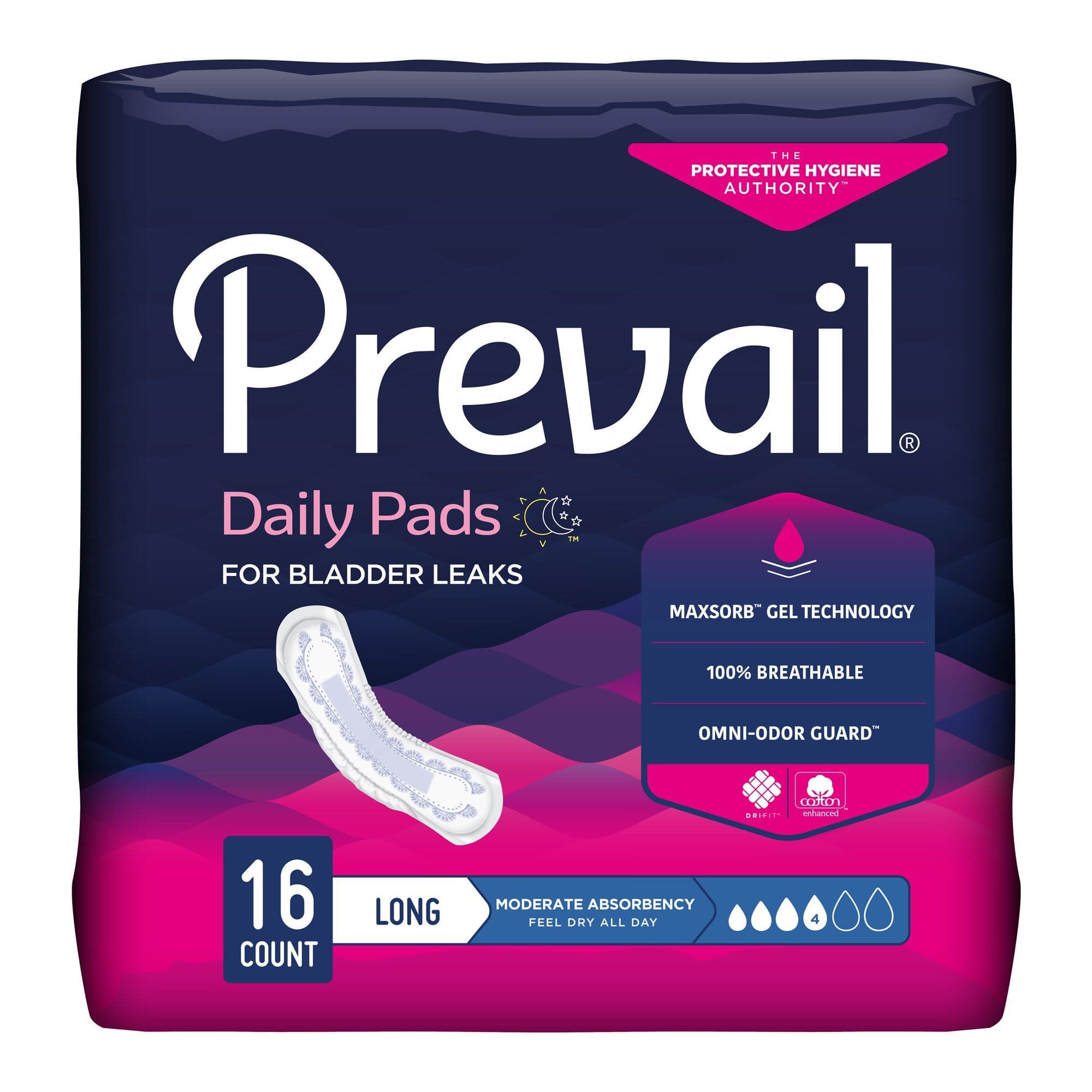 Prevail Daily Pads For Bladder Leaks, Long, Moderate Absorbency - Package of 16 - Image 1