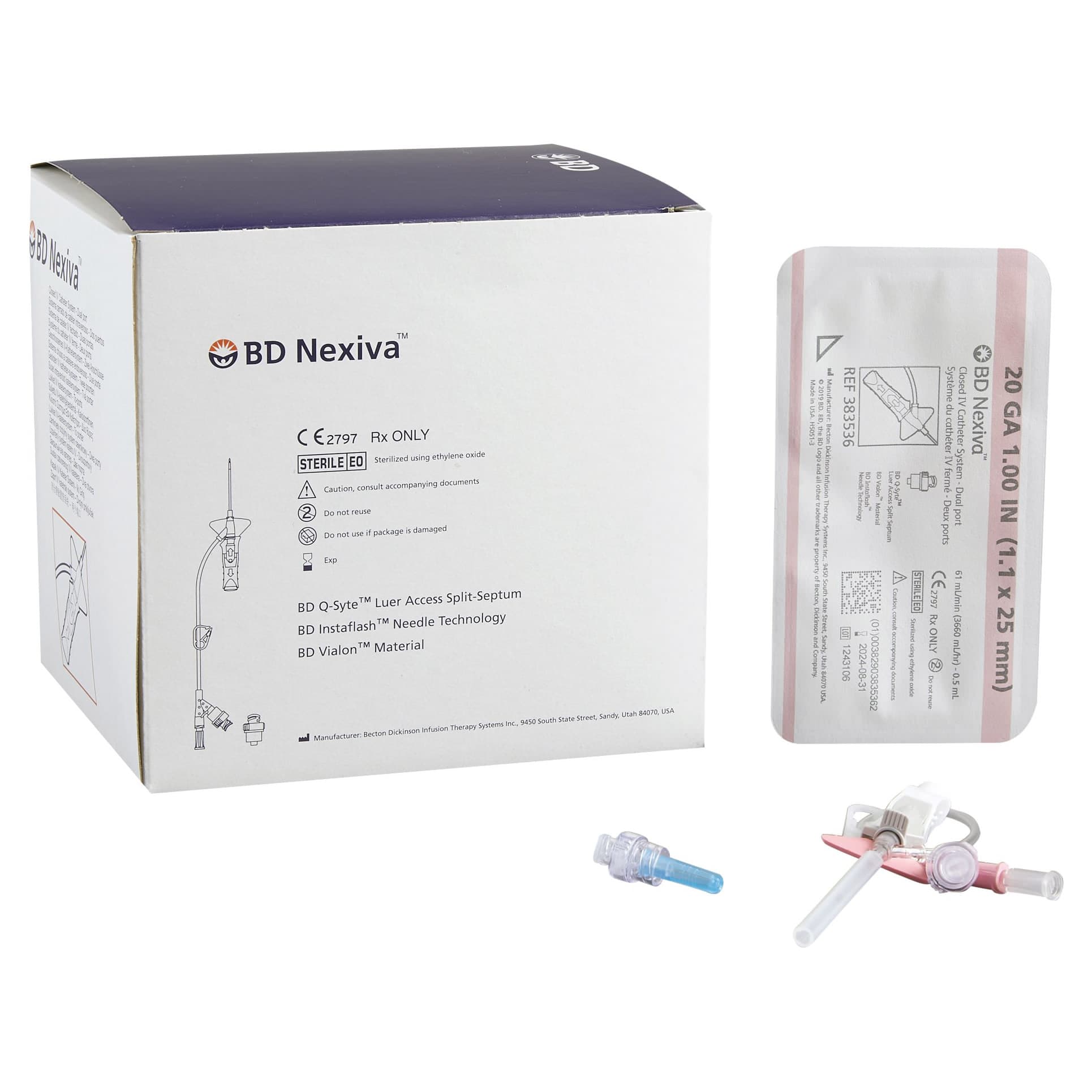 BD Nexiva Sliding Closed IV Catheter, Dual Port, Pink, 20 Gauge, 1 Inch - Box of 20 - Image 1