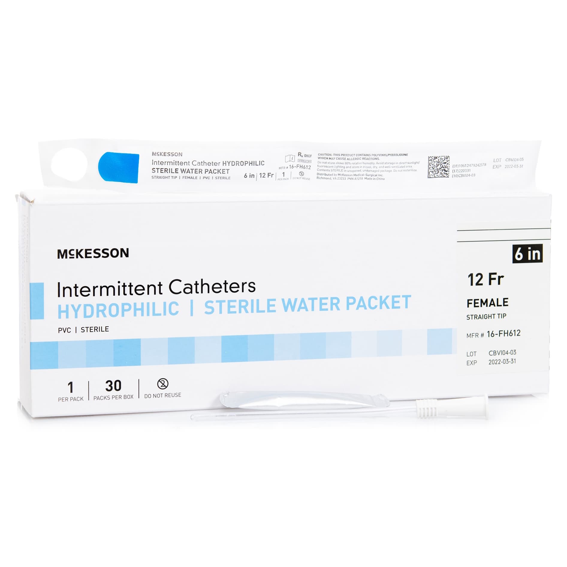 McKesson Intermittent Catheter with Hydrophilic Coating For Women, Straight Tip, 12 Fr, 6 Inch - Case of 300 - Image 1