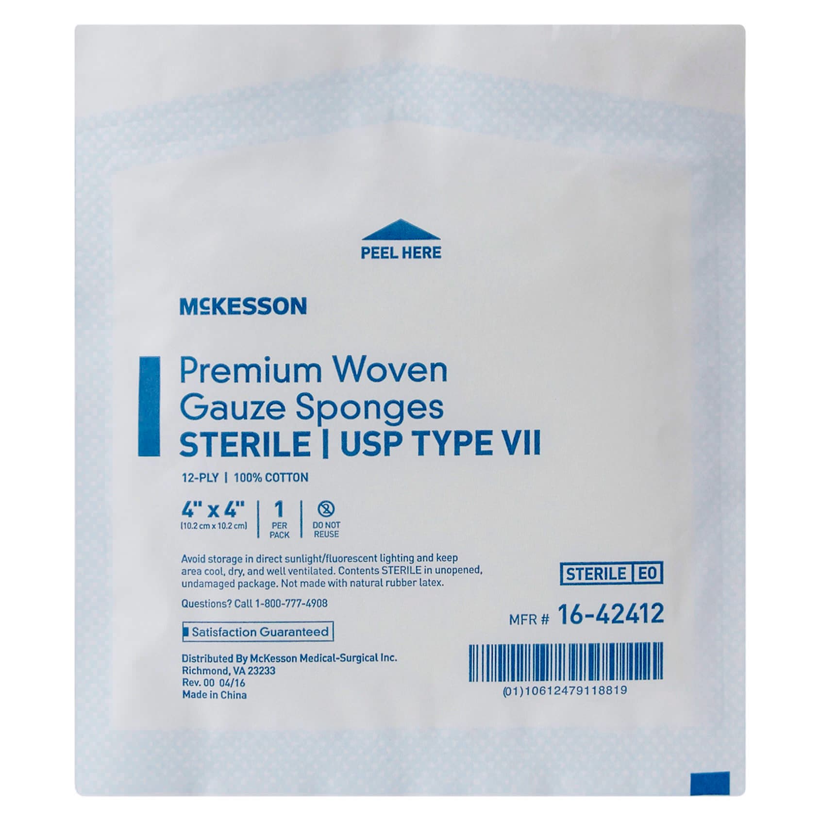 McKesson USP Type VII Gauze Sponge White 12-Ply Square Sterile, 4 X 4 Inch - Each - Image 1